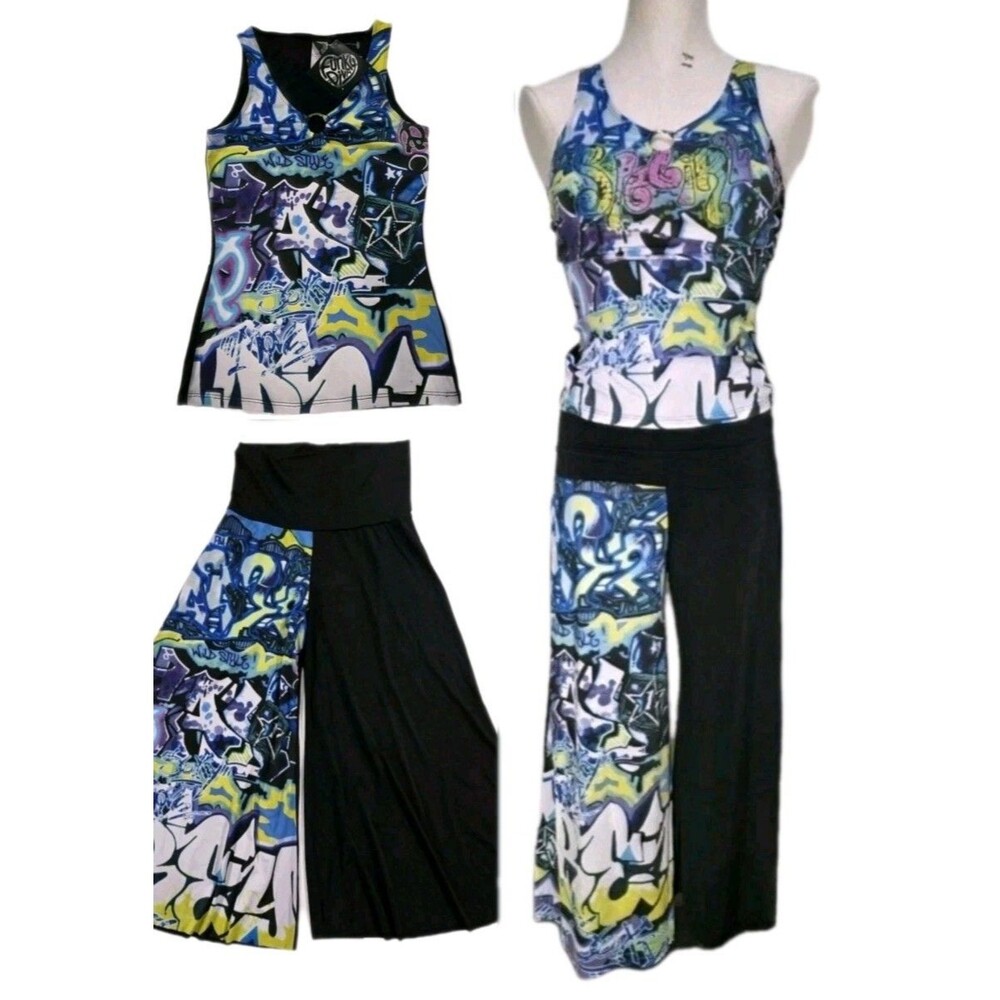 Y2K Funky Diva Super Flare Hip Hop Graffiti Street Dance Capri Pant + Tank Set M